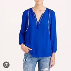 J. Crew Royal Blue Split Neck Tassel Trim Popover Blouse 2